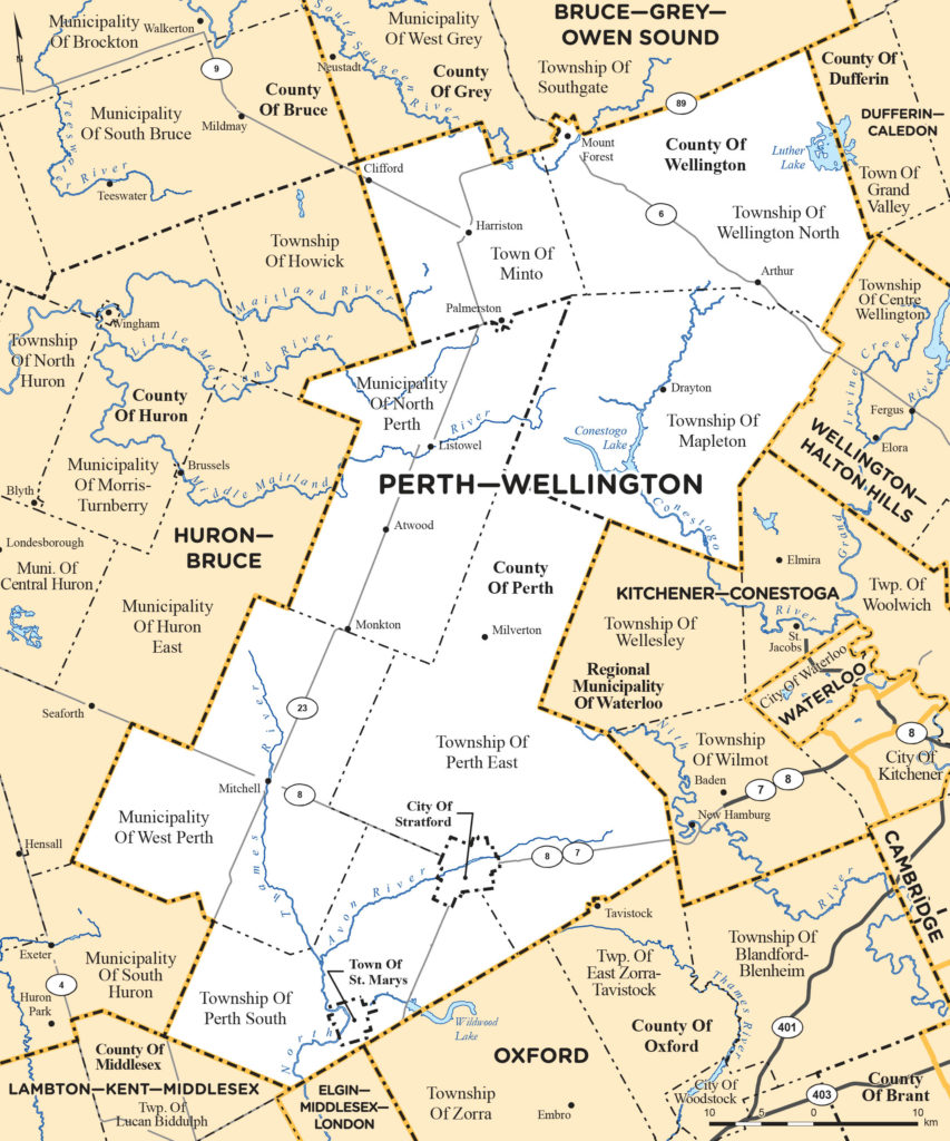 The image is of a detailed map of the riding of Perth-Wellington.